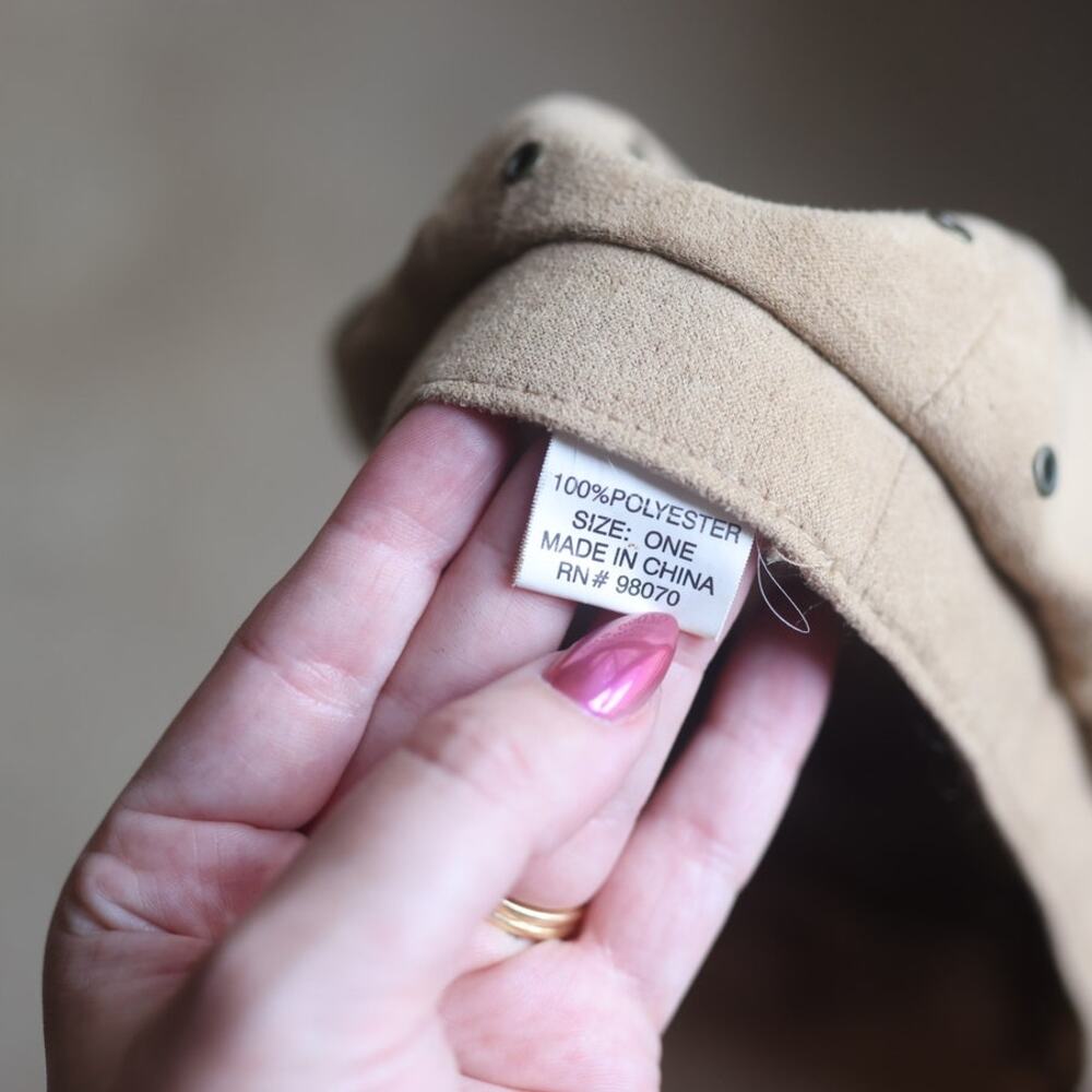 Y2K Beige Faux Suede Studded Cadet Cap | Military Newsboy Hat | One Size - Picture 3 of 4